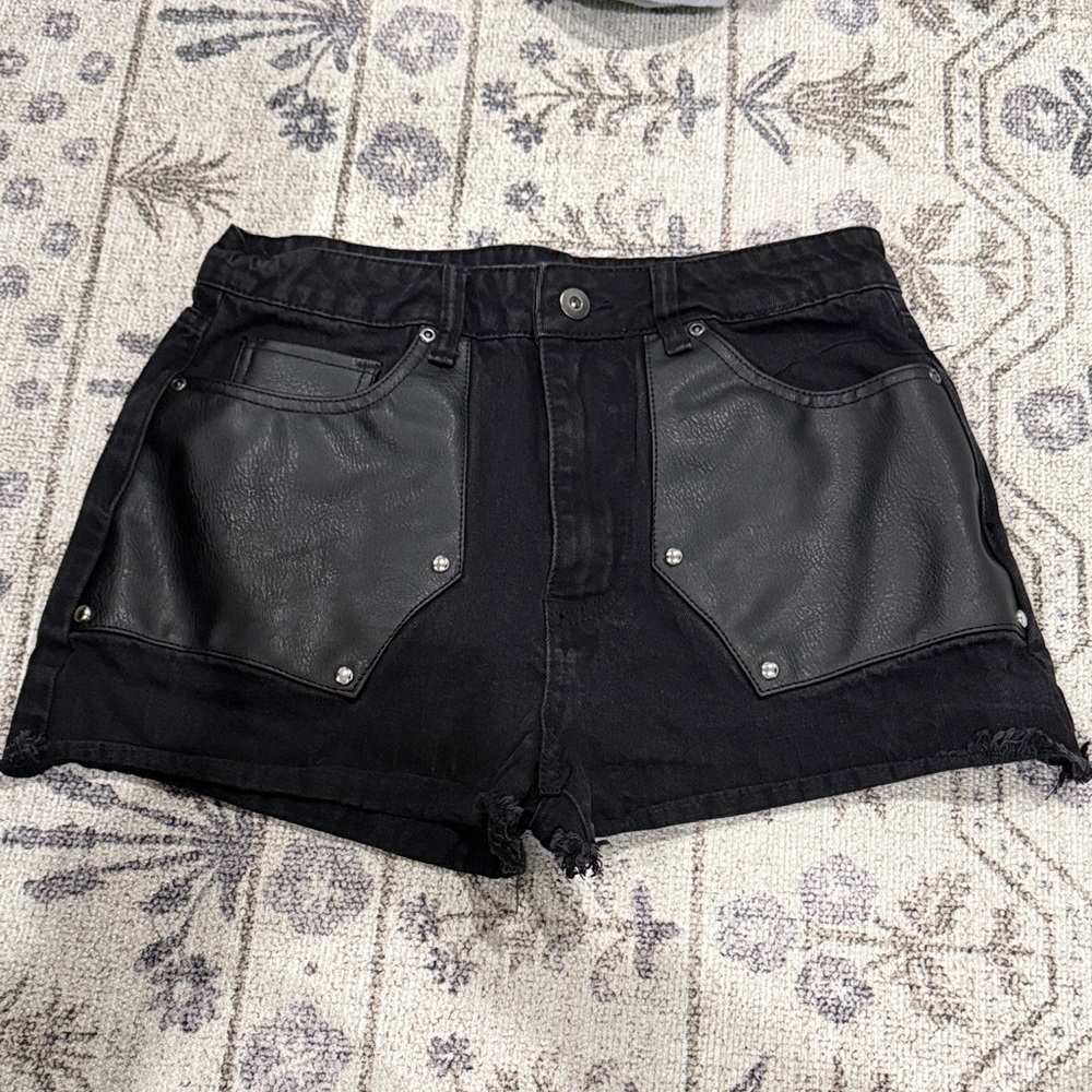 Social Collision Black Leather-Accented Women Shorts